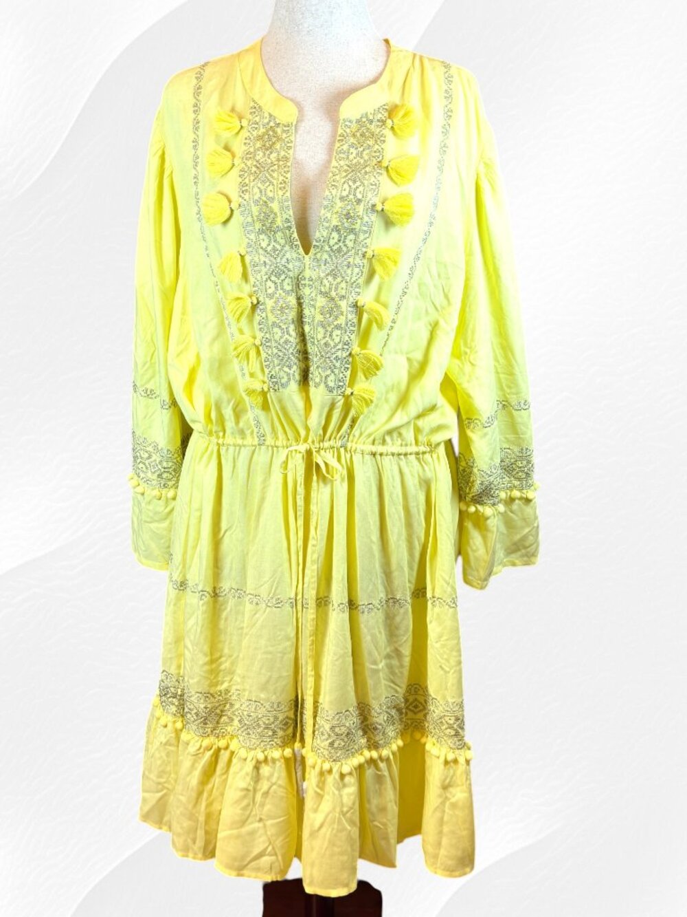Monsoon XXL NWT Yellow Boho Festival Dress Metallic Embroidered Pom Pom Tassels - Picture 2 of 15